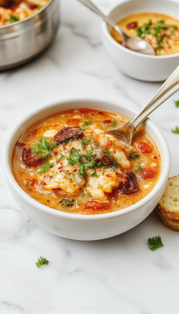 A bowl of hearty lasagna soup featuring layers of melted cheese, ground meat, and al dente pasta submerged in a rich tomato broth, garnished with fresh basil and parmesan shavings, served on a rustic wooden table with a spoon nearby and steam rising, evoking warmth and comfort.