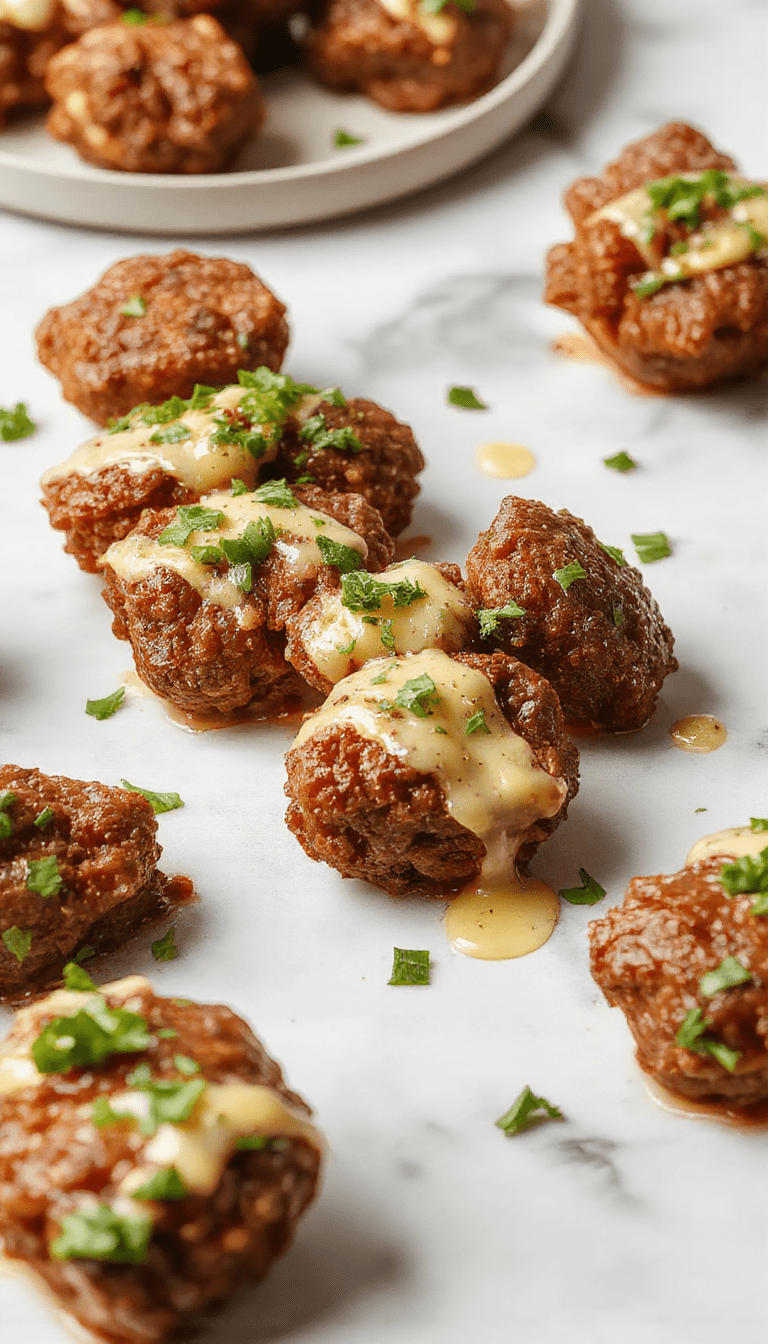 A close-up view of juicy beef bites glazed with buttery garlic sauce, served on a rustic wooden platter garnished with fresh herbs. The beef has a caramelized, tender texture with a golden-brown exterior, accented by chopped parsley and garlic cloves, set against a blurred kitchen background with warm lighting.