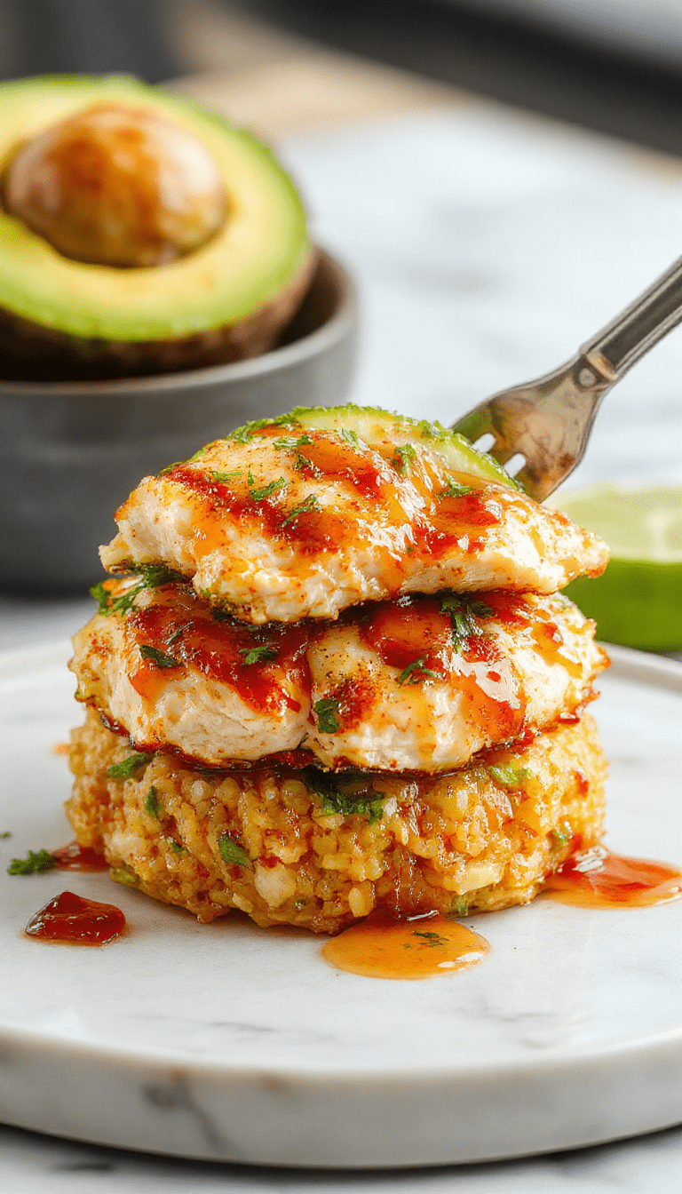 Colorful honey lime chicken and creamy avocado slices layered over fluffy rice, topped with fresh herbs, served on a white plate with a vibrant garnish, textures ranging from tender chicken to creamy avocado and fluffy rice, styled with bright citrus slices for a fresh look.