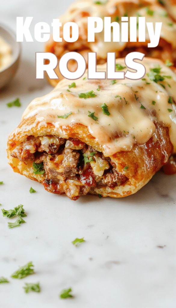 Colorful image of golden-brown keto cheesesteak rolls filled with melted cheese and thinly sliced beef, arranged neatly on a white plate garnished with fresh herbs, with a rustic wooden background and natural lighting highlighting their crispy textures and gooey cheesy interior.