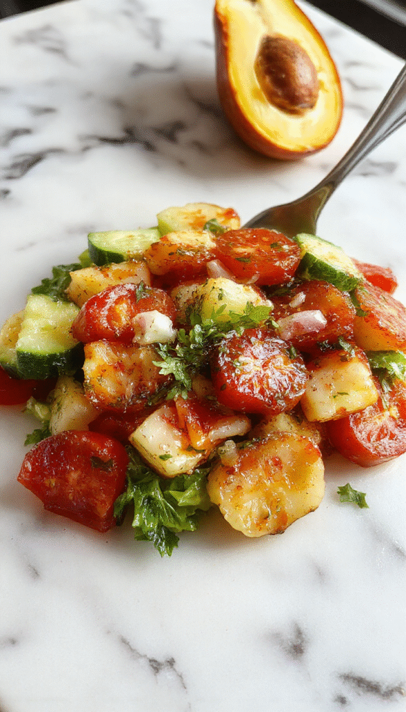 A vibrant Mediterranean salad featuring sliced cucumbers, ripe red tomatoes, and thinly sliced onions arranged in a rustic bowl. The dish showcases bright colors with fresh green herbs sprinkled on top, infused with olive oil and herbs, exuding freshness and crunch textures.
