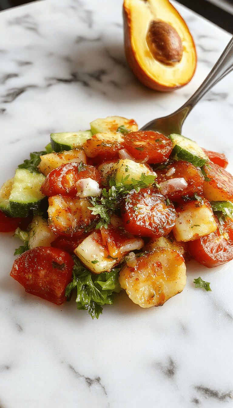 A vibrant Mediterranean salad featuring sliced cucumbers, ripe red tomatoes, and thinly sliced onions arranged in a rustic bowl. The dish showcases bright colors with fresh green herbs sprinkled on top, infused with olive oil and herbs, exuding freshness and crunch textures.
