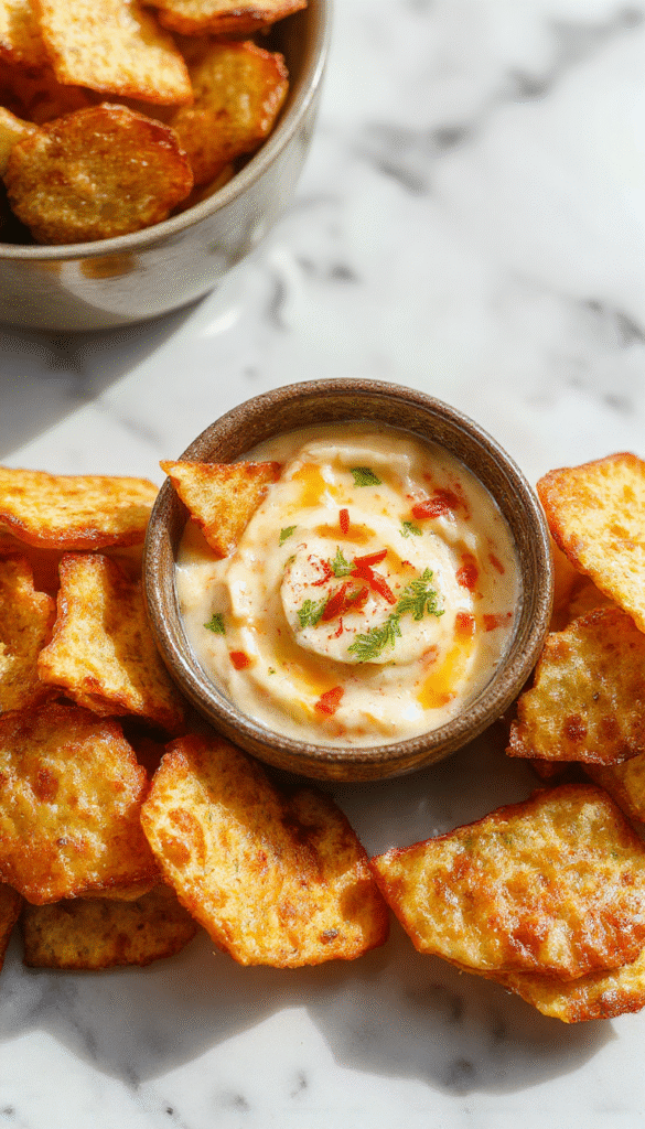 A vibrant and colorful bowl of layered cheesy dip topped with chopped green onions, surrounded by crispy tortilla chips on a rustic wooden table, with a festive background of sports memorabilia and a lively party atmosphere.