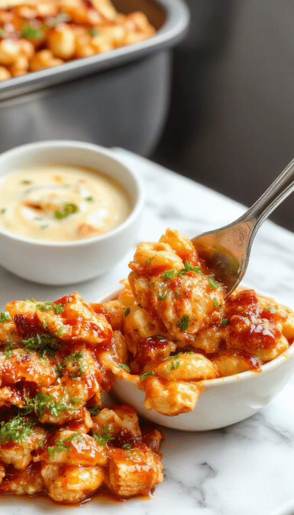 A vibrant plate featuring creamy mac and cheese topped with grilled honey BBQ chicken pieces, garnished with chopped green onions and sesame seeds, set against a rustic wooden table with a drizzle of BBQ sauce and a side of fresh greens.