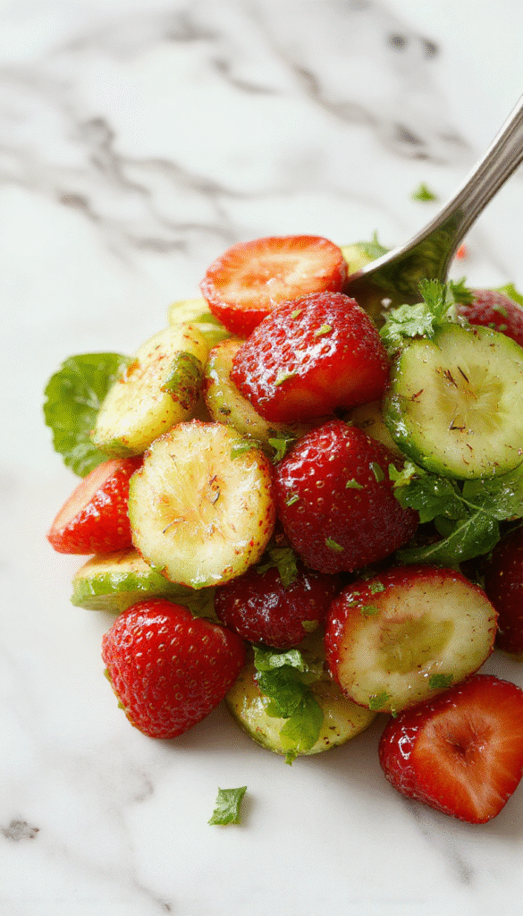 Colorful cucumber and strawberry salad arranged on a white plate with a drizzle of honey and fresh mint leaves, showcasing vibrant red strawberries, crisp green cucumber slices, and a sprinkling of toasted almonds, styled with a rustic wooden table background.