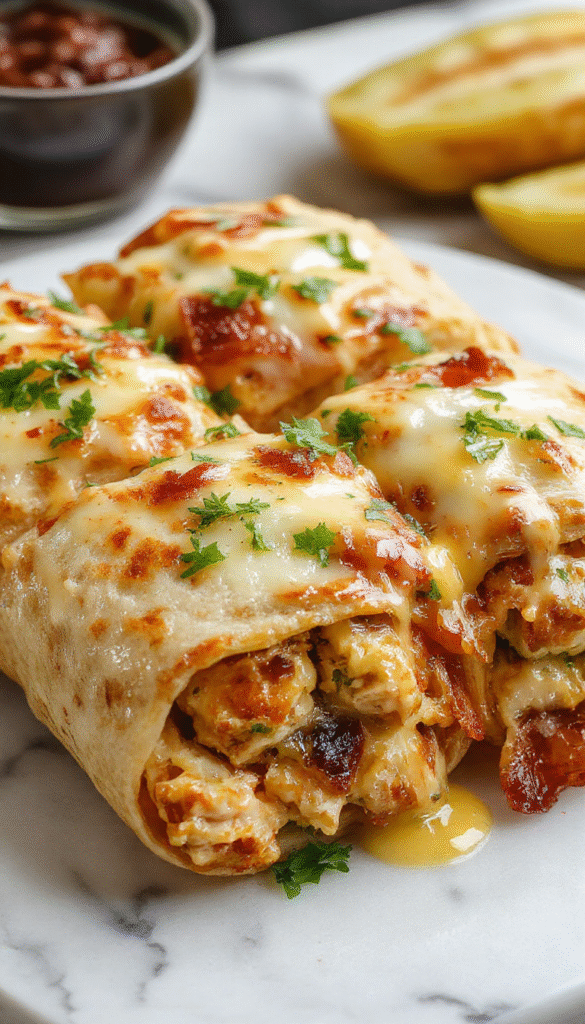 Close-up of golden-brown cheesy garlic chicken wraps sliced in half, revealing melted cheese, juicy chicken, crispy bacon, garnished with fresh herbs on a rustic wooden platter.