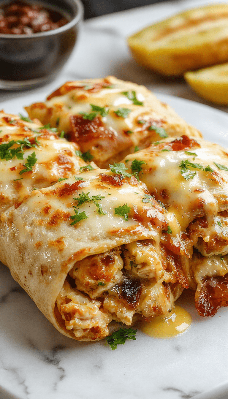 Close-up of golden-brown cheesy garlic chicken wraps sliced in half, revealing melted cheese, juicy chicken, crispy bacon, garnished with fresh herbs on a rustic wooden platter.