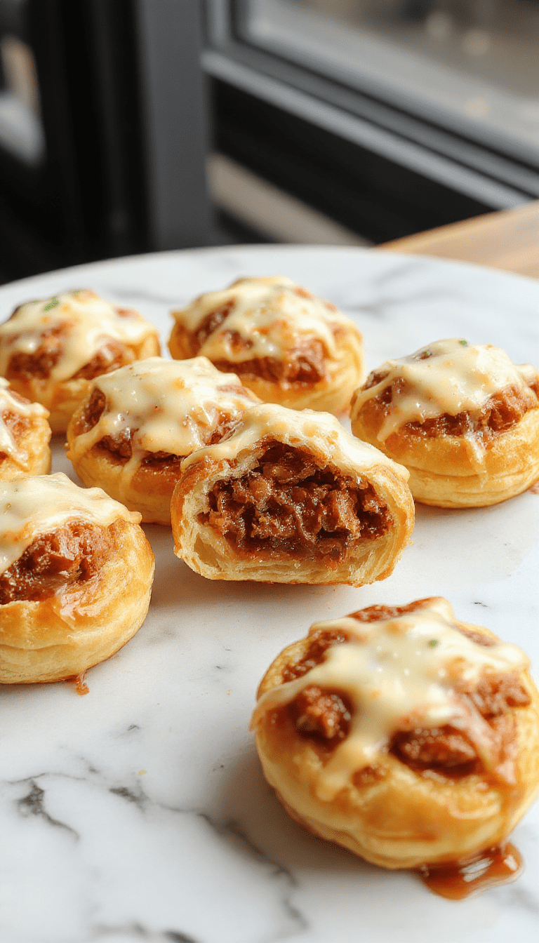 Golden brown flaky pastry puffs filled with savory pulled beef, garnished with fresh herbs, arranged on a rustic white plate against a wooden background, steam rising to showcase their crispy texture and juicy filling