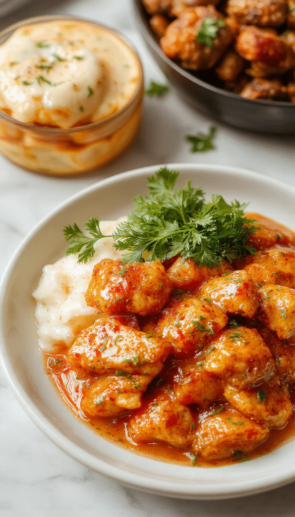 A vibrant plate of butter chicken featuring tender, golden-brown chicken pieces coated in a rich, creamy tomato sauce garnished with fresh cilantro, served alongside steamed rice on a rustic wooden table.