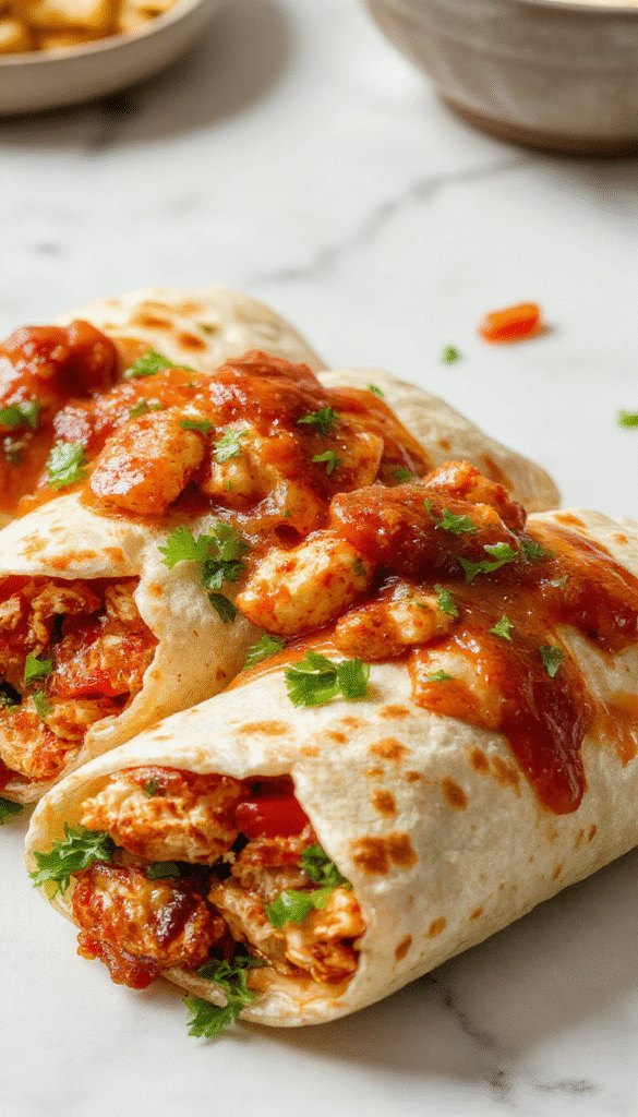 Vibrant chicken wraps filled with crispy lettuce, juicy chicken pieces coated in glossy sweet chili sauce, drizzled with fresh herbs on a white plate with colorful garnishes and a rustic background.