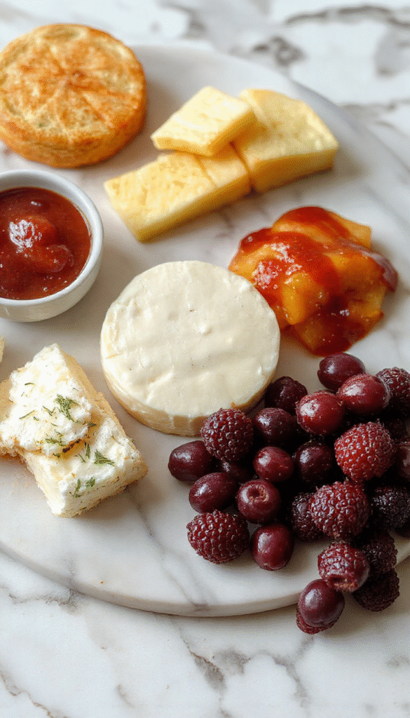 Colorful summer cheese board featuring an assortment of cheese slices, fresh fruits like strawberries and grapes, crunchy crackers, colorful veggies, and kid-friendly toppings arranged on a vibrant wooden platter, with playful garnishes and bright natural lighting highlighting the fresh ingredients.