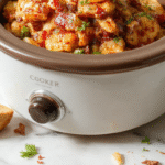 Colorful plated sweet Hawaiian crockpot chicken featuring tender shredded chicken glazed with a glossy sweet sauce, garnished with fresh pineapple chunks, green onions, and sesame seeds, presented on a white plate with vibrant tropical garnishes, styled for an inviting, fruity-themed presentation