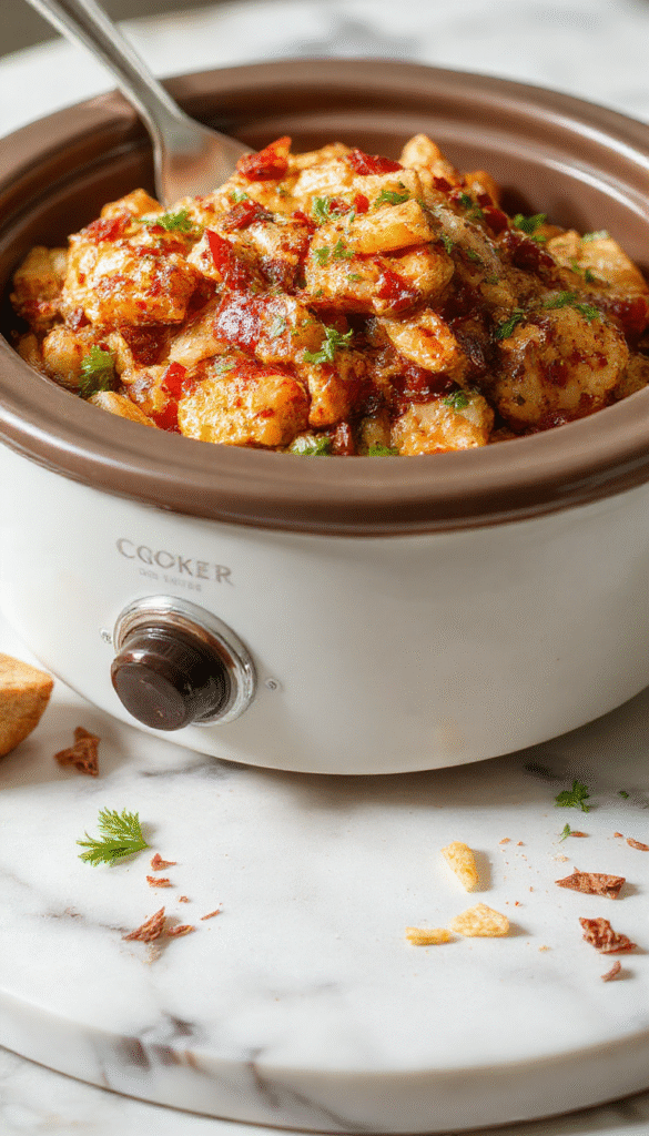 Colorful plated sweet Hawaiian crockpot chicken featuring tender shredded chicken glazed with a glossy sweet sauce, garnished with fresh pineapple chunks, green onions, and sesame seeds, presented on a white plate with vibrant tropical garnishes, styled for an inviting, fruity-themed presentation