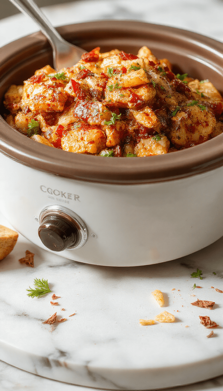 Colorful plated sweet Hawaiian crockpot chicken featuring tender shredded chicken glazed with a glossy sweet sauce, garnished with fresh pineapple chunks, green onions, and sesame seeds, presented on a white plate with vibrant tropical garnishes, styled for an inviting, fruity-themed presentation