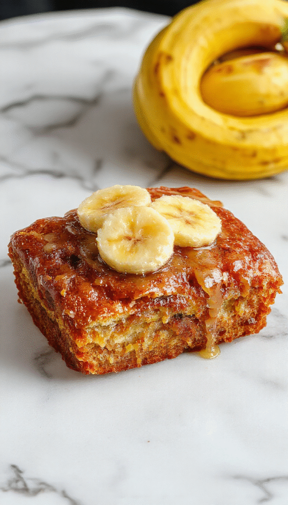 A vibrant scene of freshly baked banana bread slices on a rustic wooden plate, topped with a drizzle of honey and a sprinkle of chopped nuts. The background showcases ripe bananas, a fork, and a mint garnish, with warm natural lighting highlighting the moist texture and golden crust of the bread.