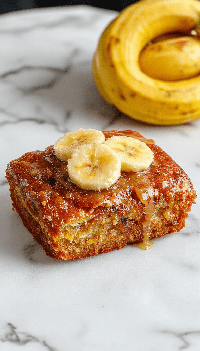 A vibrant scene of freshly baked banana bread slices on a rustic wooden plate, topped with a drizzle of honey and a sprinkle of chopped nuts. The background showcases ripe bananas, a fork, and a mint garnish, with warm natural lighting highlighting the moist texture and golden crust of the bread.