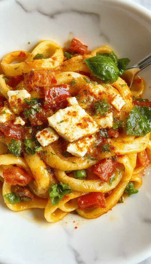 Colorful veggie pasta with cubed baked feta on a rustic wooden plate, garnished with fresh herbs and a drizzle of olive oil, highlighting vibrant red cherry tomatoes, green zucchini, yellow bell peppers, and crispy feta crumbles styled invitingly.