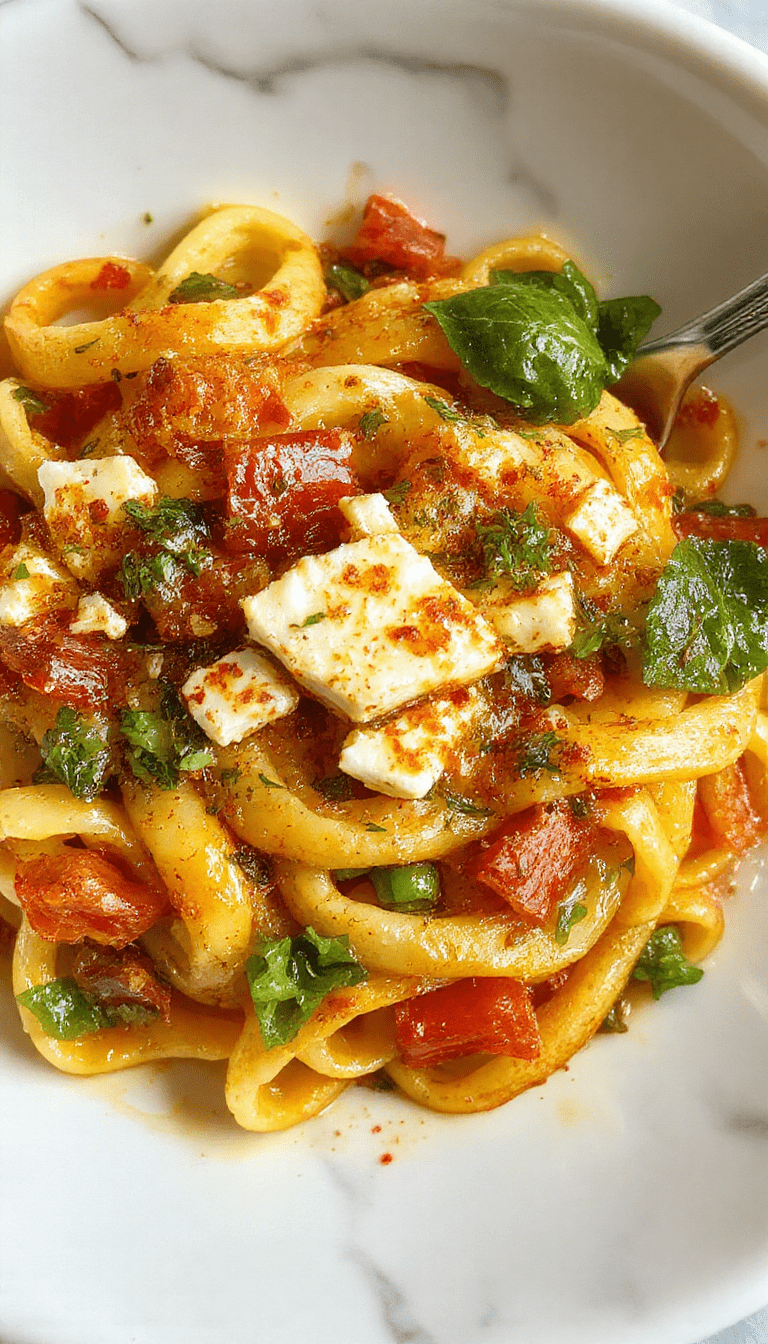 Colorful veggie pasta with cubed baked feta on a rustic wooden plate, garnished with fresh herbs and a drizzle of olive oil, highlighting vibrant red cherry tomatoes, green zucchini, yellow bell peppers, and crispy feta crumbles styled invitingly.