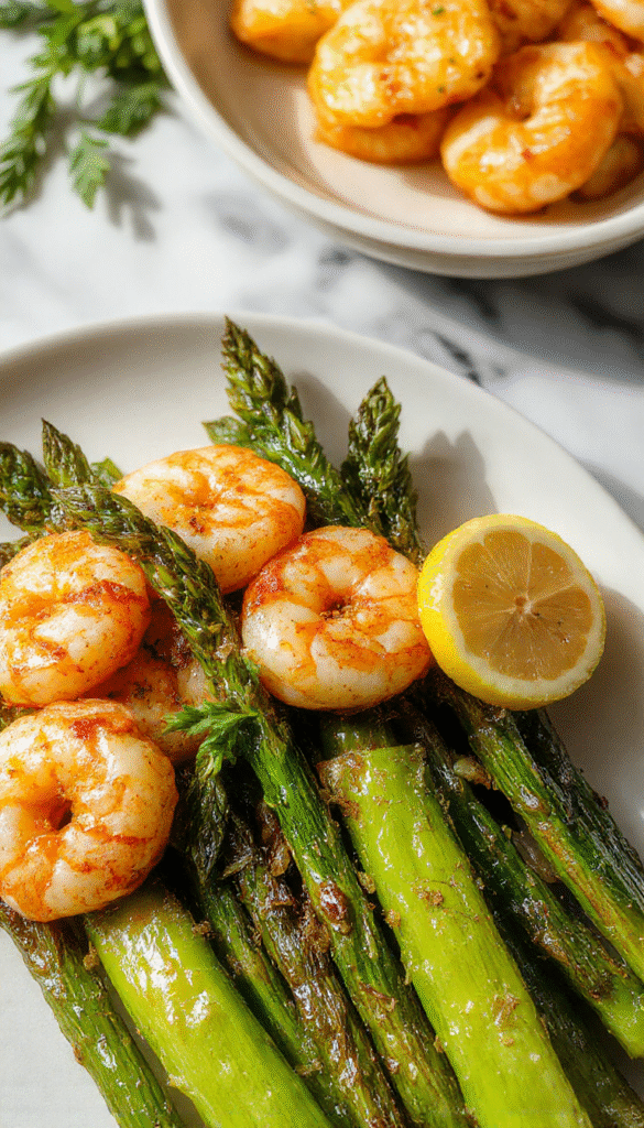 A vibrant plate featuring juicy pink shrimp coated in a glossy lemon garlic sauce, nestled among bright green asparagus spears, garnished with fresh herbs, and served on a clean white dish with a lemon wedge on the side