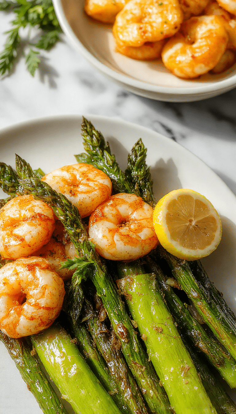A vibrant plate featuring juicy pink shrimp coated in a glossy lemon garlic sauce, nestled among bright green asparagus spears, garnished with fresh herbs, and served on a clean white dish with a lemon wedge on the side