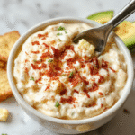 A vibrant bowl of creamy crack corn dip topped with chopped green onions and shredded cheese on a rustic wooden table, surrounded by corn chips and fresh herbs, showcasing a rich, cheesy texture with a golden-brown crust and colorful garnishes.