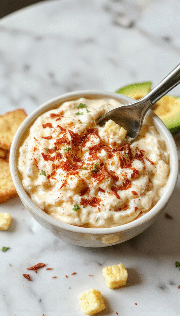 A vibrant bowl of creamy crack corn dip topped with chopped green onions and shredded cheese on a rustic wooden table, surrounded by corn chips and fresh herbs, showcasing a rich, cheesy texture with a golden-brown crust and colorful garnishes.