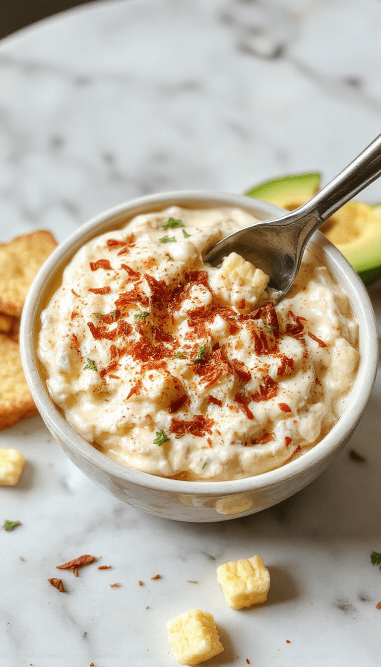 A vibrant bowl of creamy crack corn dip topped with chopped green onions and shredded cheese on a rustic wooden table, surrounded by corn chips and fresh herbs, showcasing a rich, cheesy texture with a golden-brown crust and colorful garnishes.