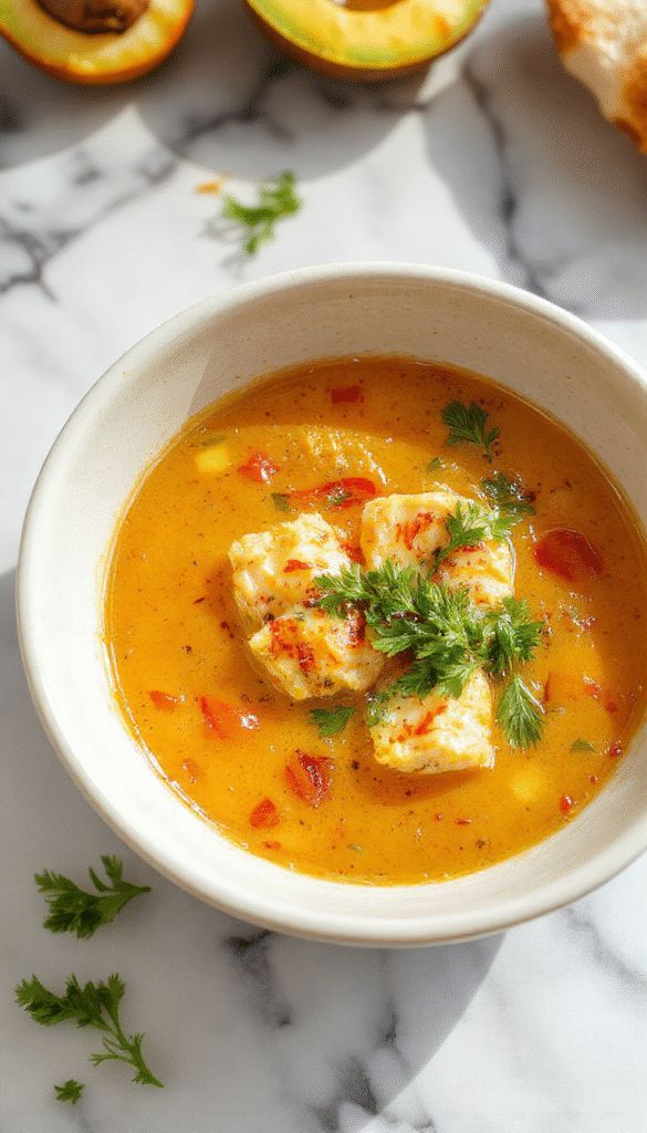 A vibrant bowl of golden turmeric chicken soup garnished with fresh herbs, sliced chicken pieces, and a lemon wedge, served on a rustic wooden table with a spoon and a linen napkin, highlighting the warm, comforting textures and bright yellow color of the soup.
