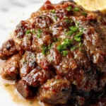 A beautifully plated slow cooker pot roast with tender beef slices topped with fresh herbs and caramelized onions, surrounded by vibrant roasted vegetables on a rustic wooden table, showcasing rich gravy and juicy textures.