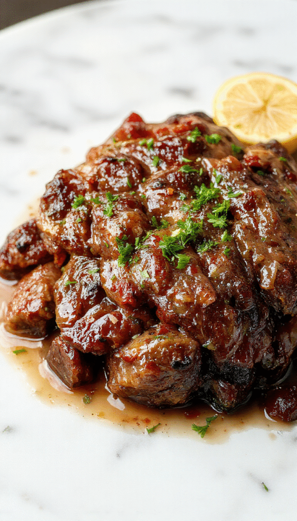 A beautifully plated slow cooker pot roast with tender beef slices topped with fresh herbs and caramelized onions, surrounded by vibrant roasted vegetables on a rustic wooden table, showcasing rich gravy and juicy textures.