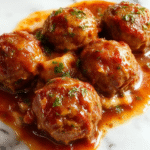 Close-up of golden-brown Italian meatballs arranged on a rustic plate, garnished with fresh herbs. The meatballs have a juicy, tender interior visible through a slight crack, with a glossy tomato sauce draped over them. The background features a wooden table with a sprig of basil, enhancing the inviting and hearty presentation.