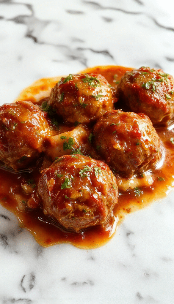 Close-up of golden-brown Italian meatballs arranged on a rustic plate, garnished with fresh herbs. The meatballs have a juicy, tender interior visible through a slight crack, with a glossy tomato sauce draped over them. The background features a wooden table with a sprig of basil, enhancing the inviting and hearty presentation.