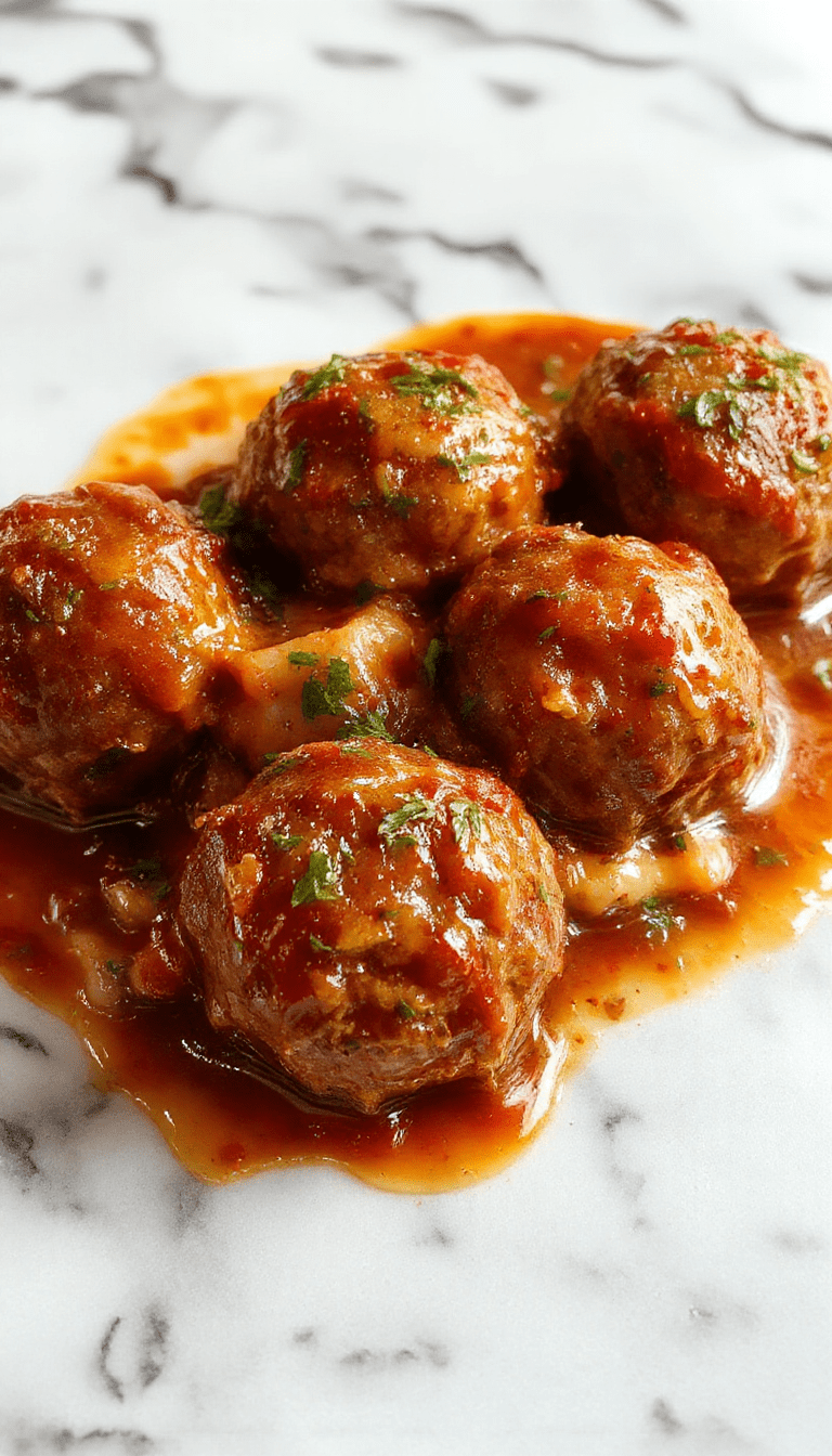 Close-up of golden-brown Italian meatballs arranged on a rustic plate, garnished with fresh herbs. The meatballs have a juicy, tender interior visible through a slight crack, with a glossy tomato sauce draped over them. The background features a wooden table with a sprig of basil, enhancing the inviting and hearty presentation.