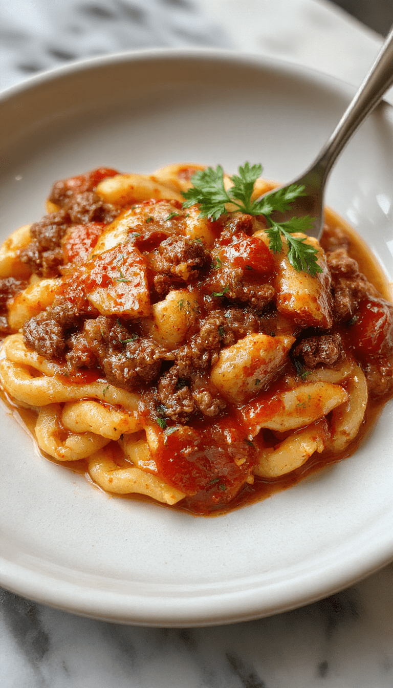 A vibrant plated dish featuring tender ground beef and orzo pasta topped with a creamy tomato sauce, garnished with fresh herbs, in a rustic bowl with a creamy and savory appearance, highlighting the rich textures and warm colors.