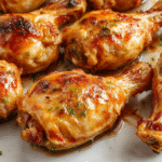 A close-up of golden-brown baked chicken leg quarters on a rustic wooden platter, garnished with fresh herbs and with a crispy, seasoned exterior showing juicy, tender meat inside, styled with colorful vegetables and a sprig of rosemary.