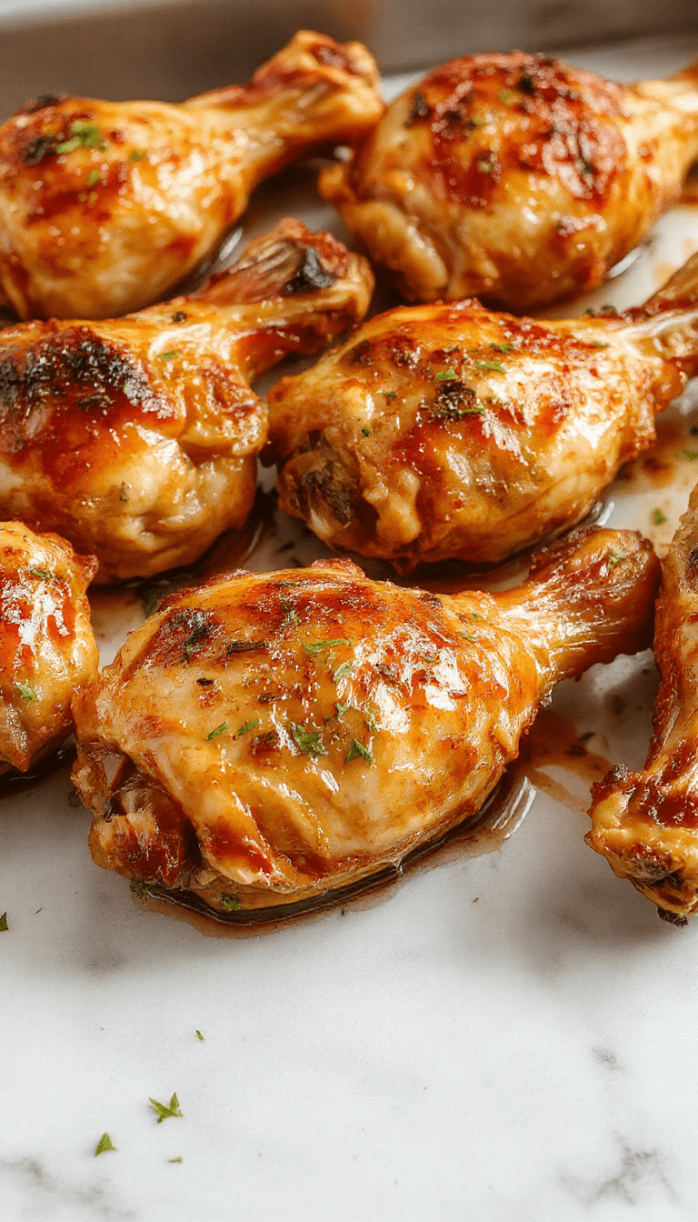 A close-up of golden-brown baked chicken leg quarters on a rustic wooden platter, garnished with fresh herbs and with a crispy, seasoned exterior showing juicy, tender meat inside, styled with colorful vegetables and a sprig of rosemary.