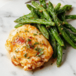 A vibrant plate featuring golden-brown lemon garlic butter chicken thighs garnished with fresh herbs, served alongside bright green cooked beans on a rustic wooden table, with lemon wedges and garlic cloves for garnish, colorful and appetizing presentation emphasizing textures of crispy chicken and crisp green beans