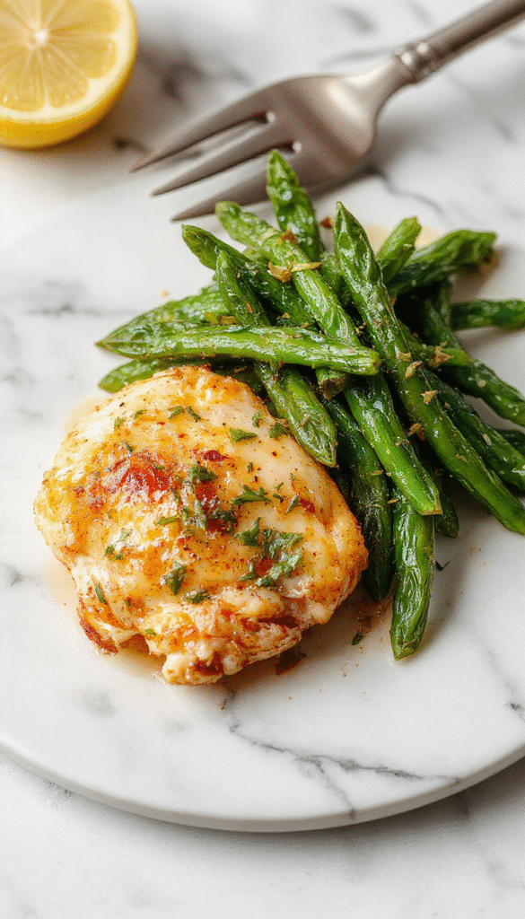 A vibrant plate featuring golden-brown lemon garlic butter chicken thighs garnished with fresh herbs, served alongside bright green cooked beans on a rustic wooden table, with lemon wedges and garlic cloves for garnish, colorful and appetizing presentation emphasizing textures of crispy chicken and crisp green beans